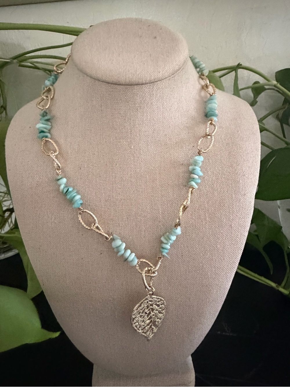Vintage Gold Leaf Necklace & Larimar Gemstone Chip Necklace